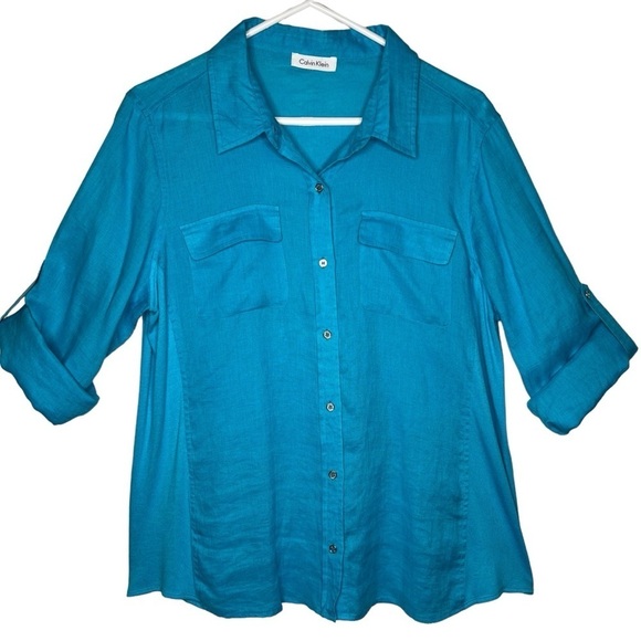 Calvin Klein Teal Blue 100% Linen Long Roll Tab Sleeve Button Up Shirt Size 1X - Picture 4 of 14
